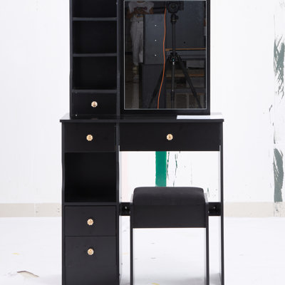 50.4" Tall Black Vanity Table With Left Drawer, Right Sliding Mirror, And Cushioned Stool, American Style For Small Spaces, Multi - Layer Storage