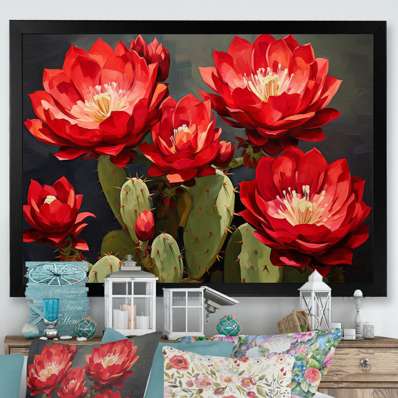 " Cactus Burgundy Bloom ", 12" H x 20" W x 1" D, Black Single Picture Framed