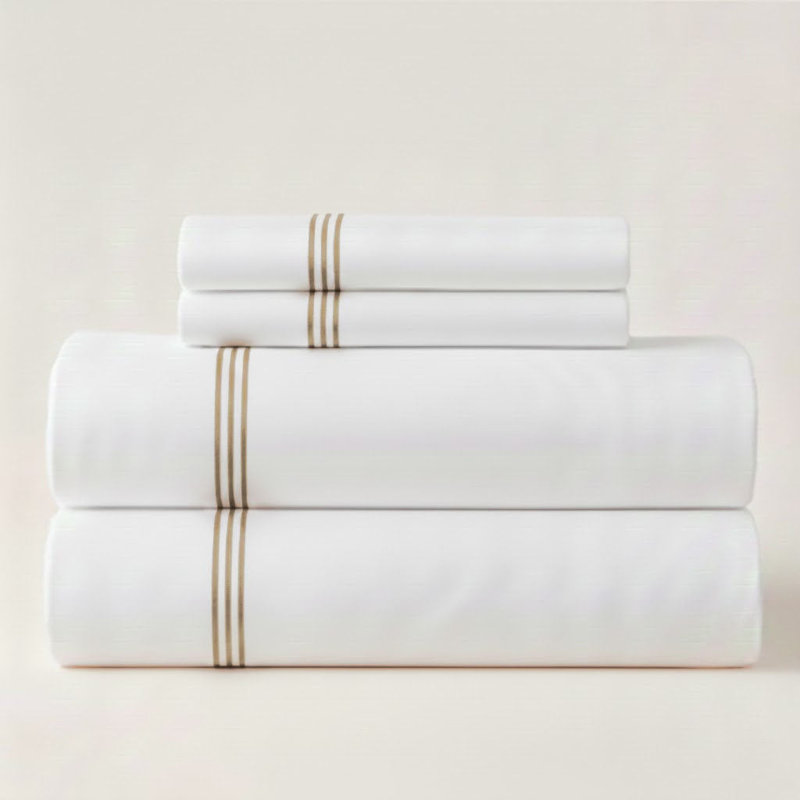 500TC Cotton Triple Embroidery Sateen Solid Cotton 4 Piece Sheet Set Fitted Sheet Fits Upto 16" Deep Pocket, Taupe Border
