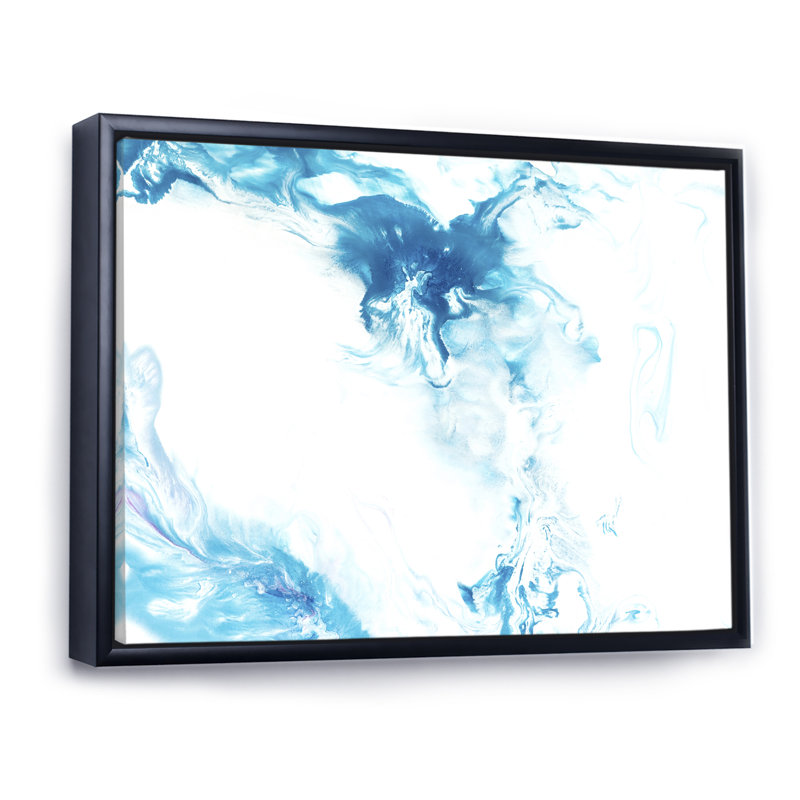 Vague bleue liquide sur blanc I - Peinture sur toile, H 12 po x l 20 po, Cadre flottant noir