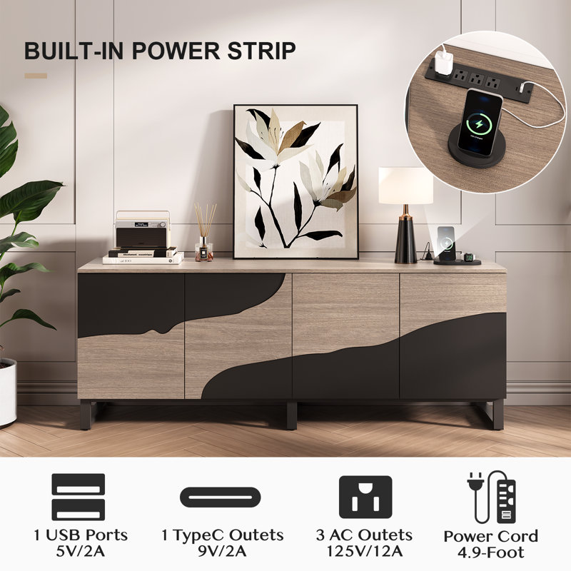 70" TV Stand with Power Outlet, Black Large TV Stands for 75 Inch TV, Entertainment Center with Storage and Adjustable Shelf