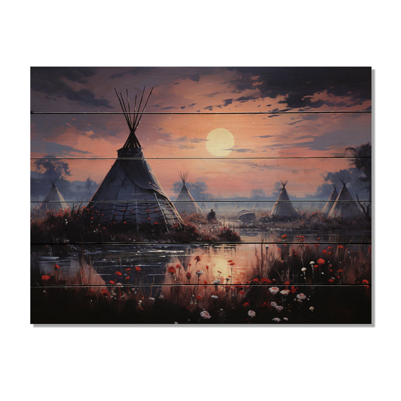 Tipi amérindien rassemblement mystique sur bois, H 10 po x l 20 po x P 0,78 po