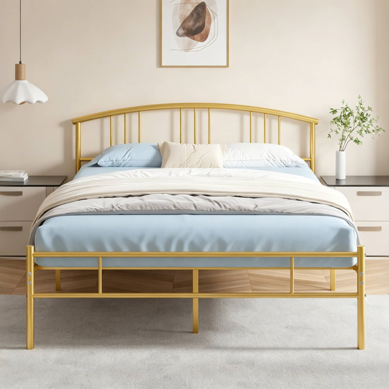 Base de lit double avec base de lit en métal avec tête de lit et pied de lit, sommier, aucun sommier nécessaire, Complète