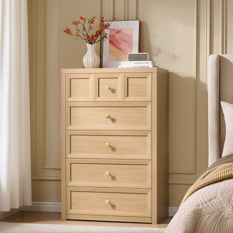 5 Drawers Dresser Cabinet,  Natural, 45 inch Wood Tall Chest of Drawers ,Dresser Organizer, Natural