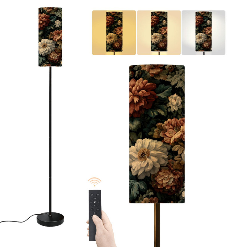 Lampe sur pied à motif floral rétro foncé, moderne, beige, brun, fleurs, noir, à intensité variable avec télécommande