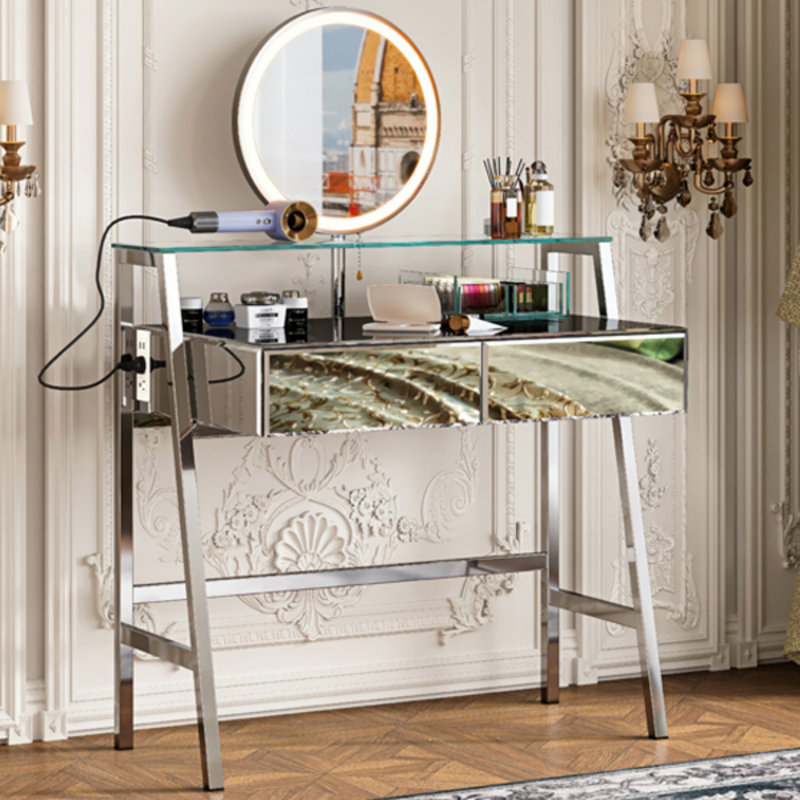 Meuble-lavabo à miroir 33,9 po avec miroir et lumières, coiffeuse à miroir avec 2 grands tiroirs et tablette ouverte