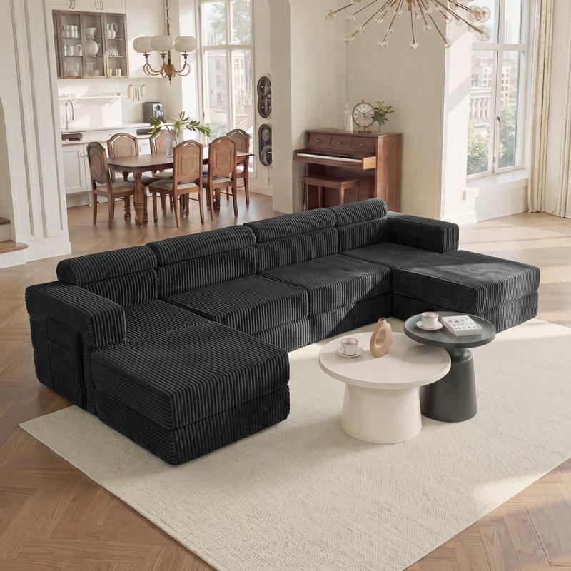  Sisler 6 Piece 141.6" Oversized L Shape Upholstered Convertible Modular Corduroy Compression Sofa with Storage Pockets, No Assembly