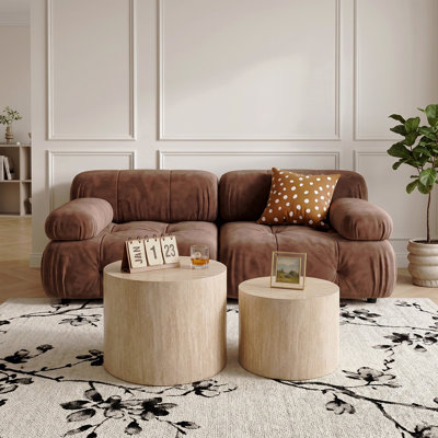 Nesting Coffee Table Set Of 2, Modern Round Coffee Table With Non-Slip Feet, Wood Side Table For Living Room, Bedroom, Office, Balcony, Terrace,Small