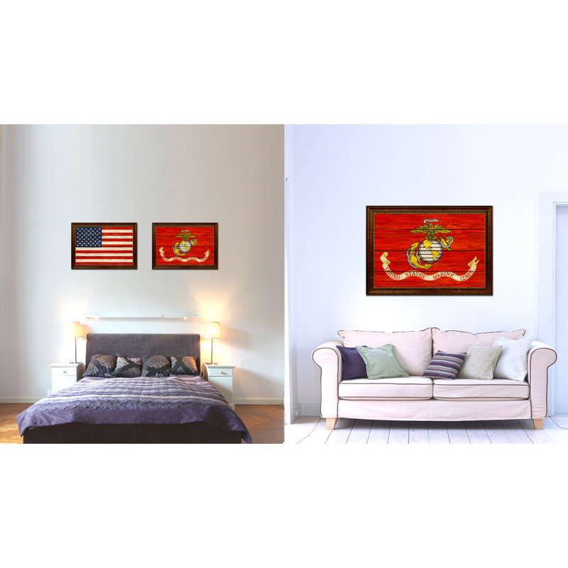 Impression de drapeau militaire texturé militaire des États-Unis avec cadre brun doré, 19 x 27