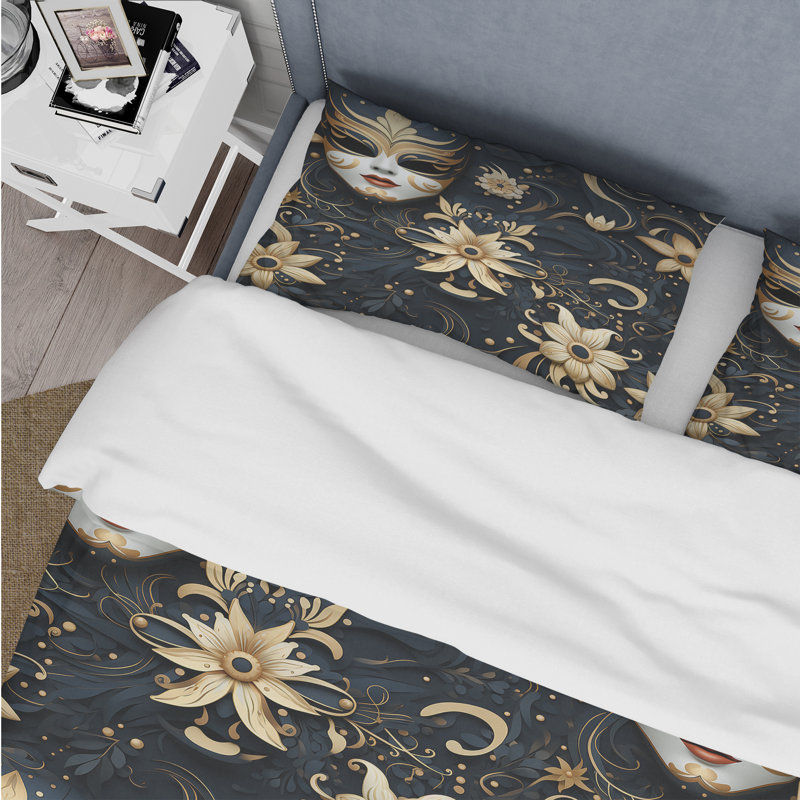 Literie à motif doré Venice Masquerade I, Housse de couette simple + 1 taie décorative stan