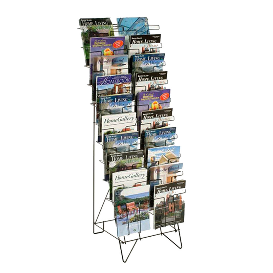 10-Tiered Wire Literature Stand for Floor, 20 Pockets for Magazines, Header - Black FixtureDisplays