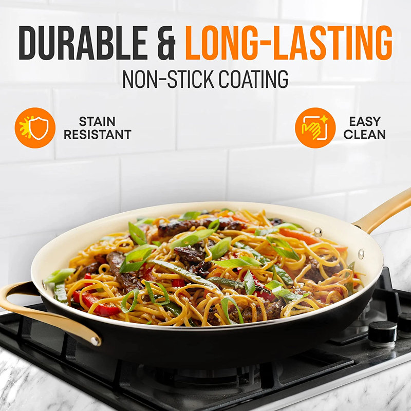 NutriChef 14" Black and Gold Nonstick Ceramic Fry Pan