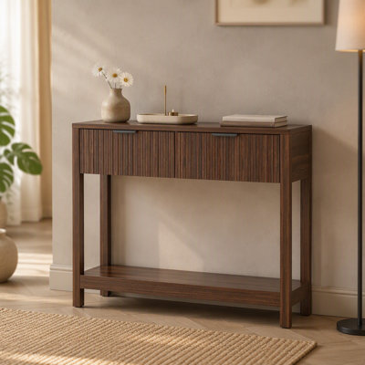 Console Mid-Century moderne cannelée avec 2 tiroirs et tablette ouverte, table d'entrée étroite à finition noyer, table de canapé mince pour le couloir, salon, petits espaces, assemblage facile