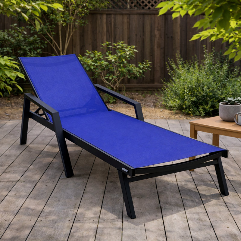 Marlin Outdoor Patio Reclining Chaise Lounge Arm Chair with Powder-Coated Aluminum Frame- Breathable Sling Mesh Fabric, Adjustable Backrest