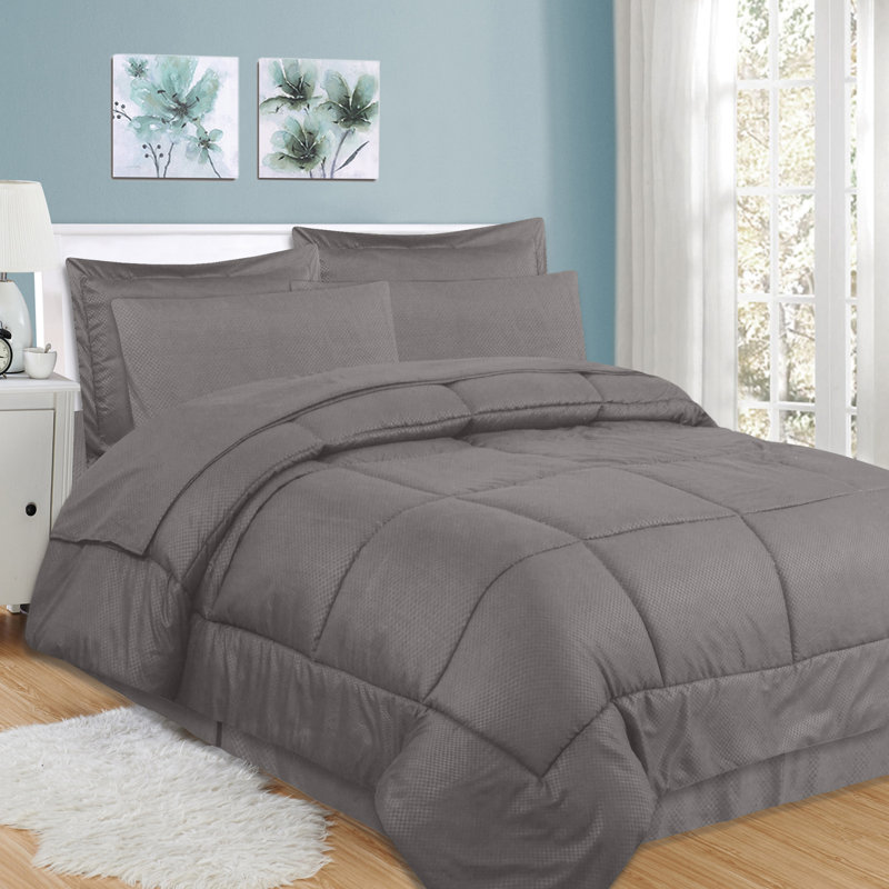 Checkered Embossed Bed In A Bag Comforter Set, Gray, Queen Comforter + 7 Additional Pieces