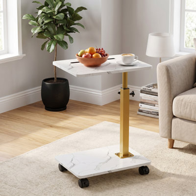 Adjustable Height Mobile Side End Table with Lockable Wheels, Rolling C Shaped Laptop Sofa Table, Portable Overbed Bedside Table with Tablet Slot, Multi-Function Couch Side Table