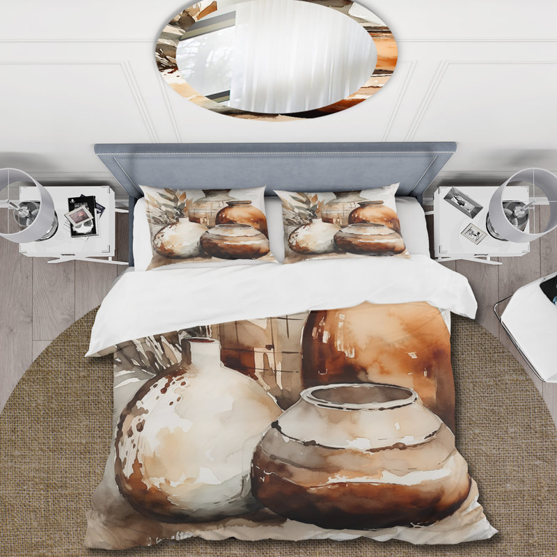 Ensemble de housse de couette en terre cuite brune et crème I - Boho Pottery