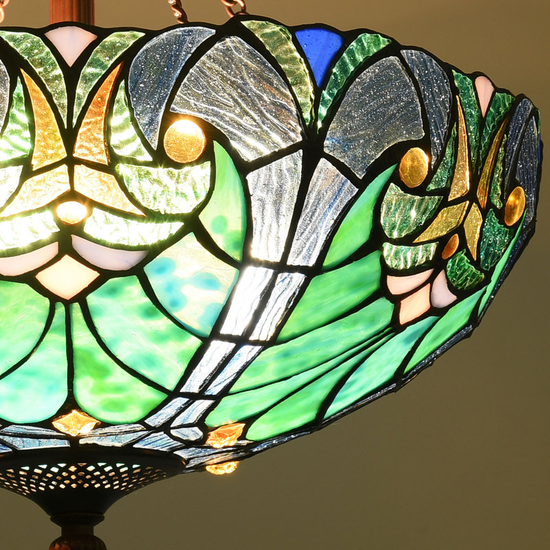 Tiffany Style Ceiling Light Fixtures 16” Wide Stained Glass Lamp Shade 2-Light Classical Victorian Style, Sea Green