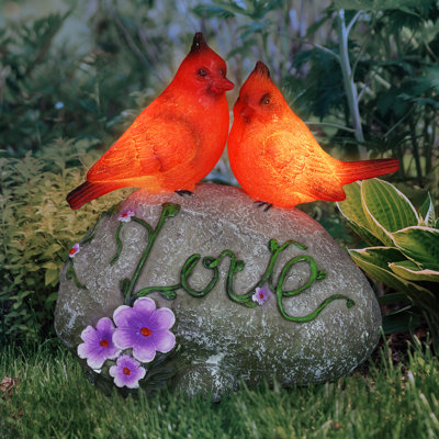 Exhart Solar Cardinal Love Rock Statue with Flowers, 8 Inch