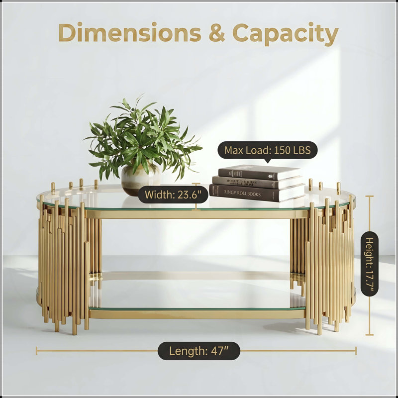 Table basse ovale dorée avec tablettes en verre trempé à 2 niveaux, Clear / Gold