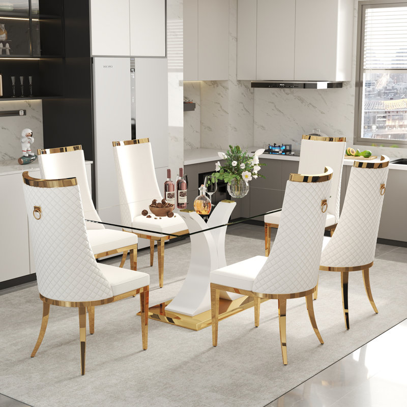 Ensemble de table de salle à manger Luxtury, Blanc, 7 pièces : table, 6 chaises, Beige