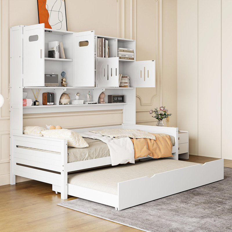 Twin Size Wooden Daybed With Twin Size Trundle, And All-In-One Cabinet And Shelf, Twin