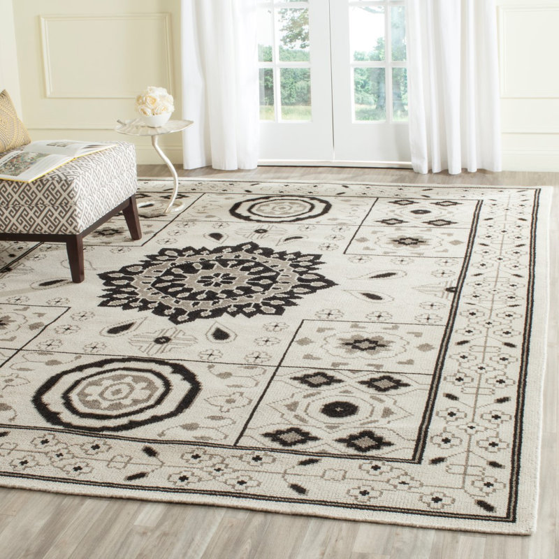 Tapis ivoire / gris en laine / coton noué à la main Chrystal, Carré 7 pi
