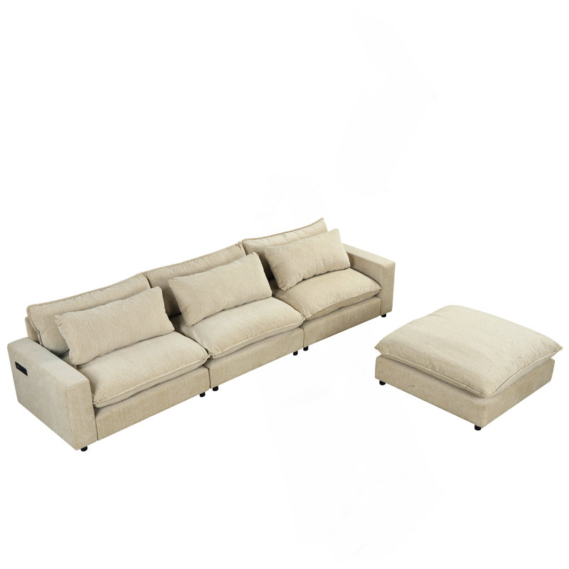 128" Sectional Sofa Cloud Sofa Chenille Upholstered Sofa  Couch With Movable Ottoman, Beige Chenille