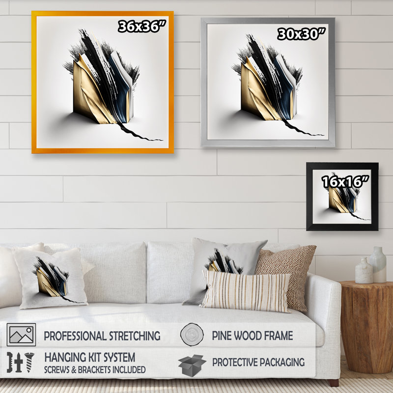 «Cubic», art cubique abstrait noir et or, Impression noire sur toile encadrée, H 30 po x l 30 po x P 1 po
