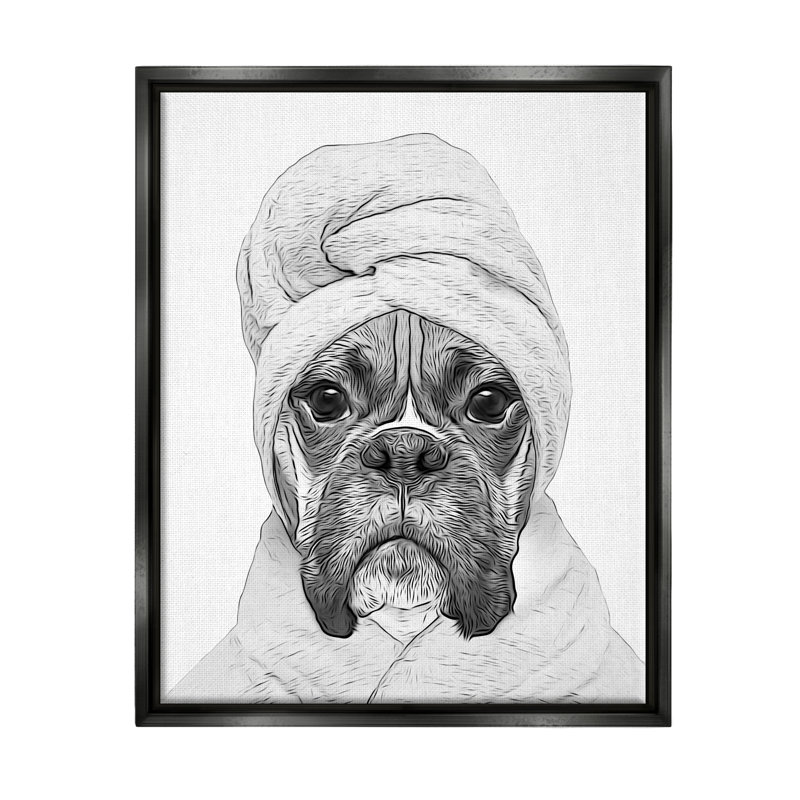 "Chien en peignoir" par Annalisa Latella, Cadre flottant noir de jais, H 31 po x l 25 po x P 1,7 po