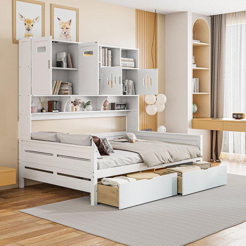 Full Size Wooden Daybed With 2 Drawers, All-In-One Cabinet And Shelf, White, Perfect For Storage And Space Efficiency, White