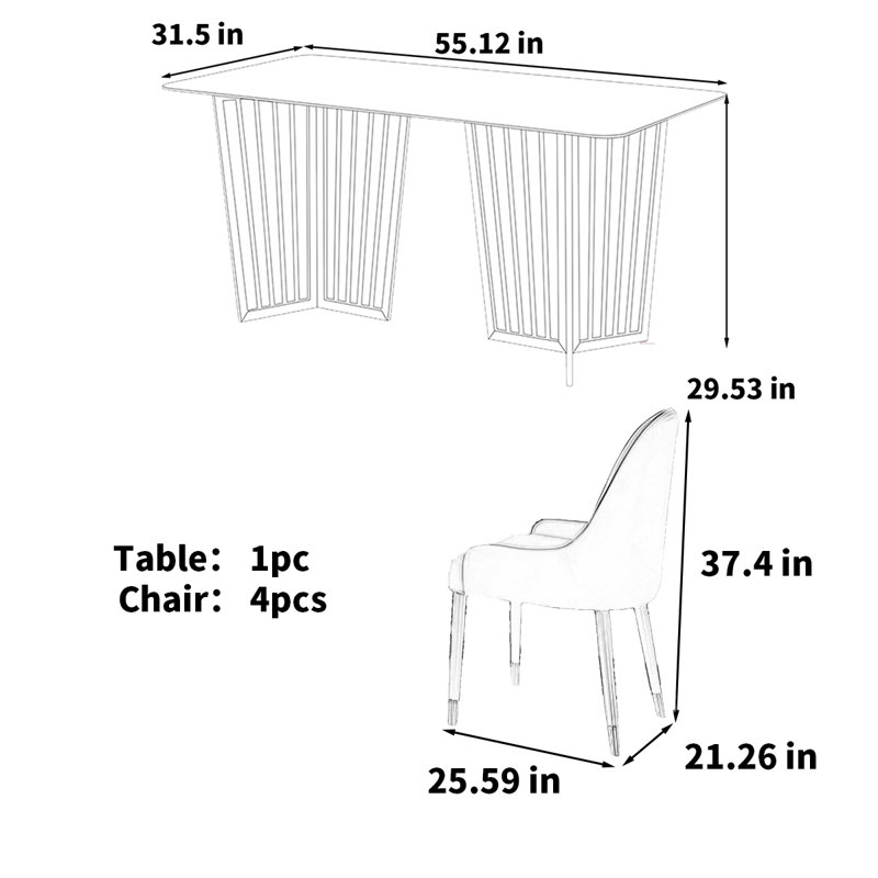 Table de salle à manger rectangulaire en pierre frittée, 5, H 29,53 po x L 55,12 po x l 31,5 po