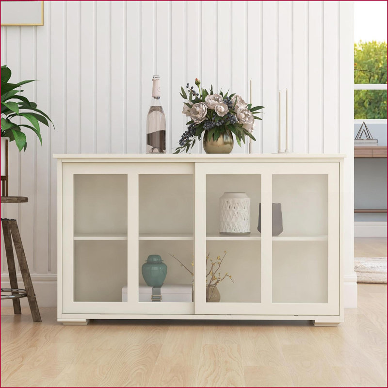 Modern Kitchen Sideboard with Sliding Glass Doors - White | E1 Grade MDF | Non-Slip Feet