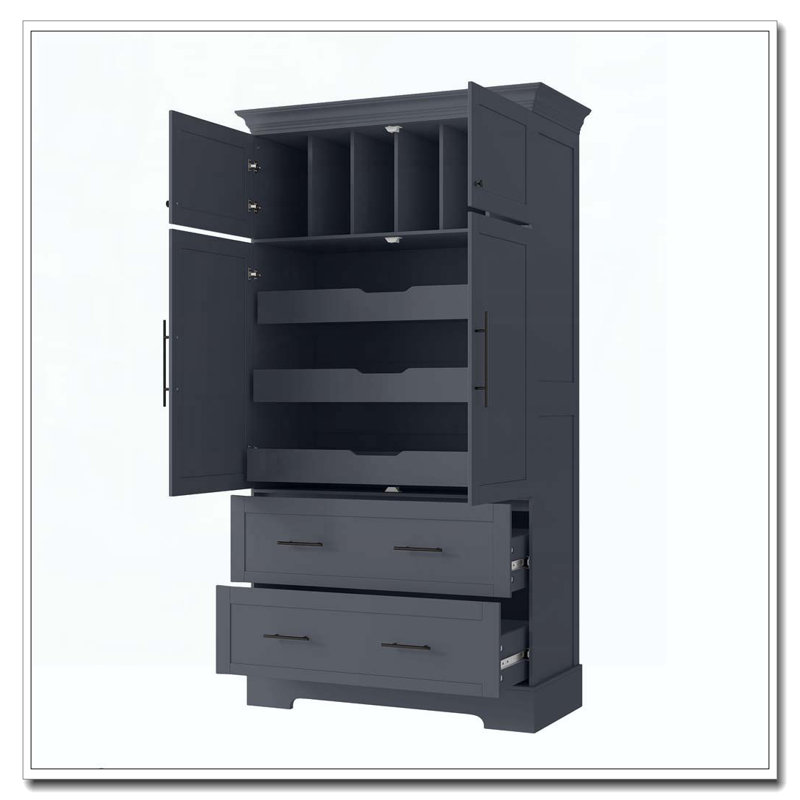 Armoire de rangement 72,6 po, 4 portes avec plateaux coulissants, tiroirs et rangement pour moule à gâteau, Gris