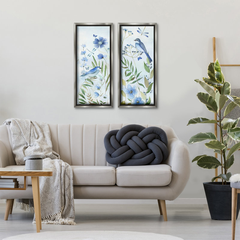 Ensemble de 2 toiles flottantes encadrées bleues avec fleurs et oiseaux, design par Janet Tava, H 31 po x l 15 po