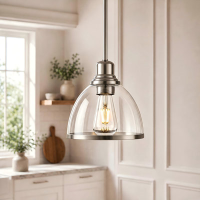 8in 1‑Light Matte Brushed Nickel Pendant Light with Clear Glass Shade for Kitchen Island E26 Base