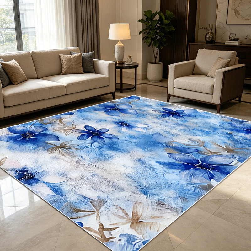 1PC Watercolor Blue Floral area rugs for Living Room, Soft and Comfortable, Suitable for all seasons, easy-to-maintain, machine washable Indoor floor mat, Under Table Farmhouse suitable for dining table, bedroom, entryway, backyard patio, home office