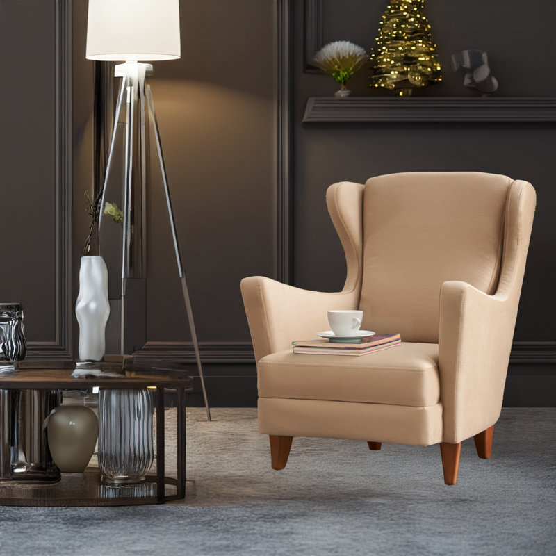 Fauteuil à oreilles Beech, Velours de polyester crème