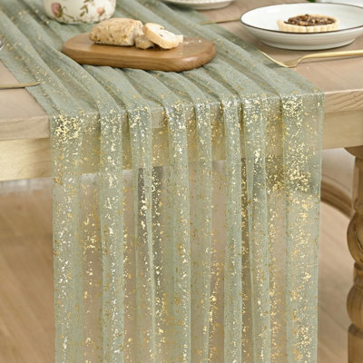 Sage Green Gold Gauze Table Runner 59x120 Inch 10FT, Glitter Metallic Foil Sheer Dining Wedding Anniversary Holiday Birthday Table Decor for Home Party