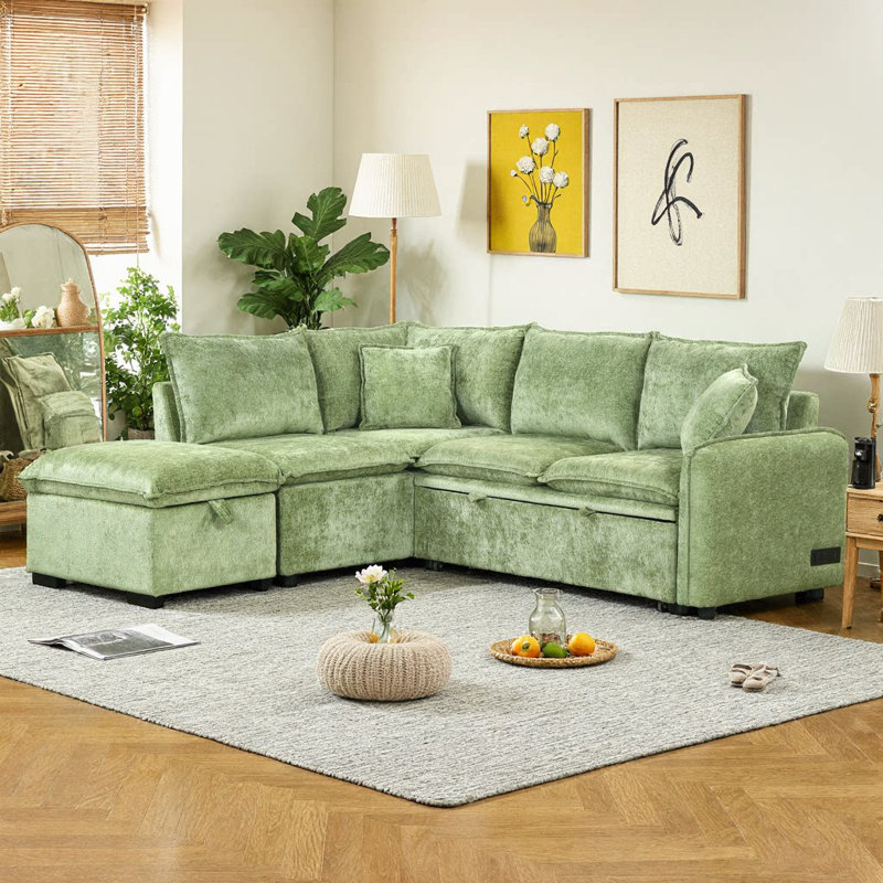 Canapé-lit convertible 82,67 pouces en chenille verte, canapé-lit modulaire en forme de L avec repose-pieds avec rangement, 2 coussins, prises électriques, ports USB