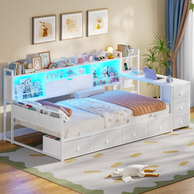 Twin Daybed Corner Bed Frame With 7 Drawers, Desk And Bookcase Storage, Metal Platform Bed With Charging Station by Wrought Studio