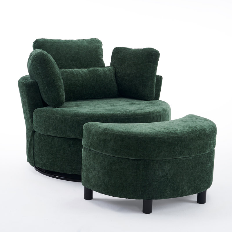 Swivel Armchair with Footstool, Green Chenille