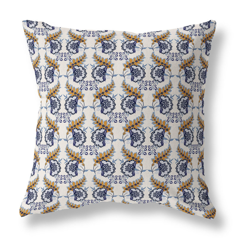 Coussin décoratif botanique intérieur / extérieur Botanical Bouquet, H 26 po x l 26 po, Bleu/rouge/gris