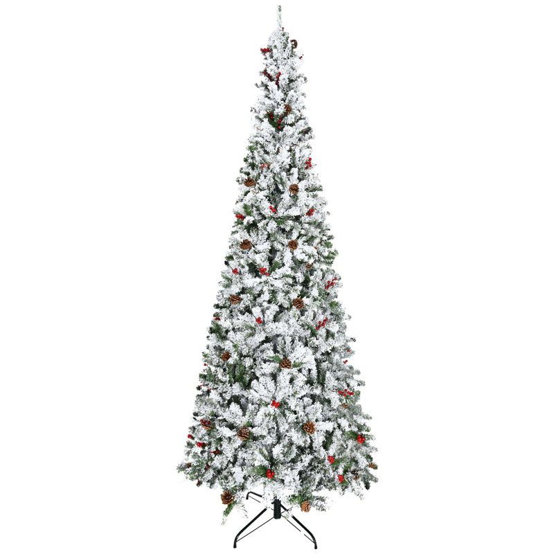 Arbre de Noël artificiel enneigé avec branches de pin et baies rouges, 9'