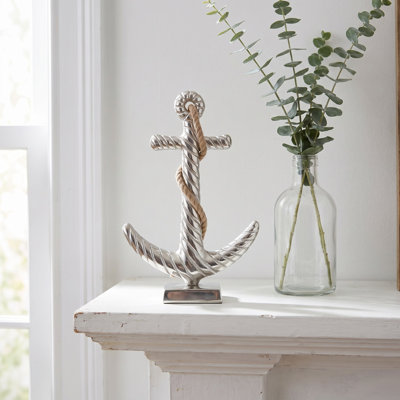 Burgoyne Cast Aluminum Anchor Figure on Base with Rope Accent, Patina and Polished Finishes