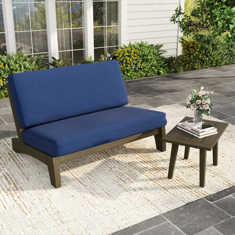Polett Outdoor Conversation Set Solid Wood Group With Loveseat And Side Table, Brown, Navy