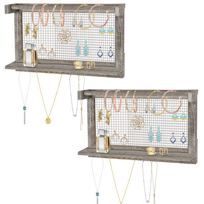 Organisateur de bijoux mural en bois rustique avec panneau en maille, tablette et crochets