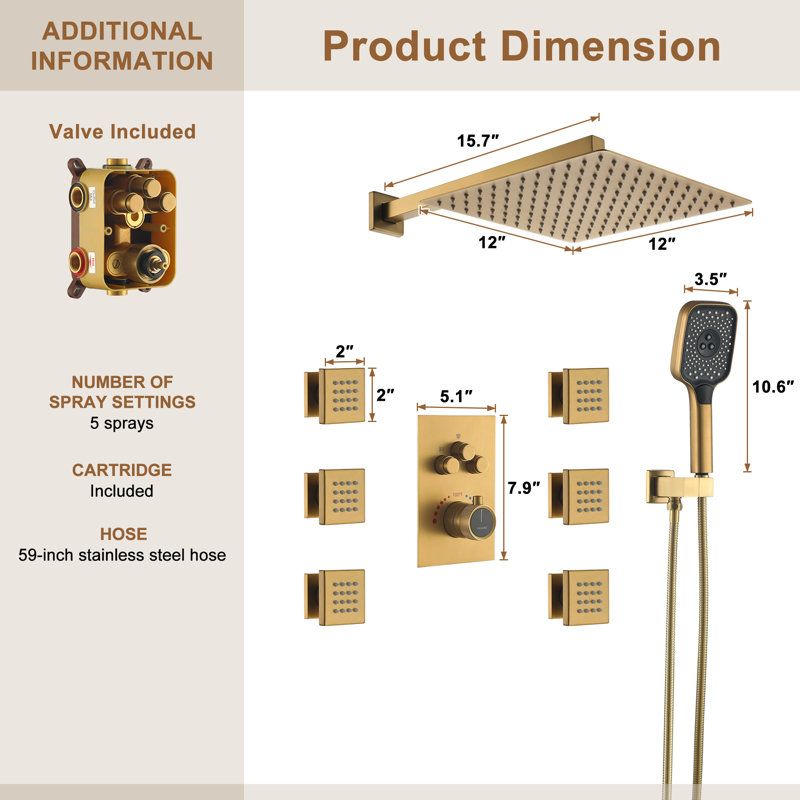 Revitalize 3-Function 12 Inch Wall Mount Rainfall Thermostatic Shower System with 6 Body Jets, Brushed Gold