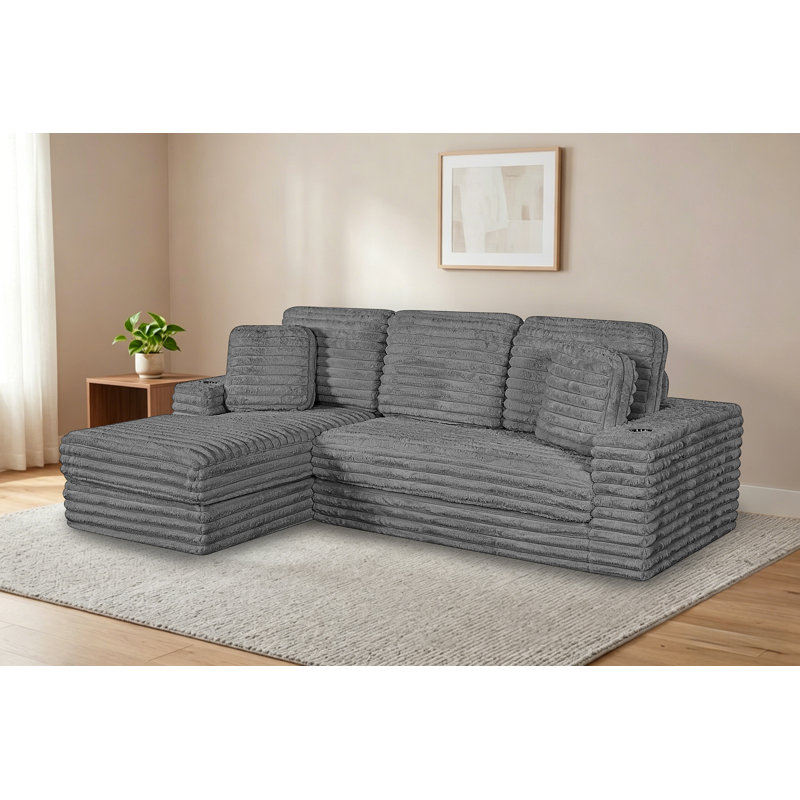 Canapé modulaire compressé 2 pièces avec méridienne, Polyester gris foncé, Orienté vers la gauche