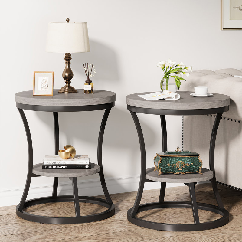 Kaarina End Table, Round Side Table (Set of 2), Gray, Black